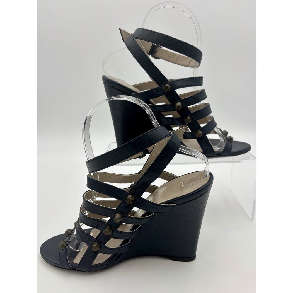 Balenciaga Wedge Sandals Navy Blue Leather Studded Size 39 / 9 Ankle Strap - Picture 3 of 15